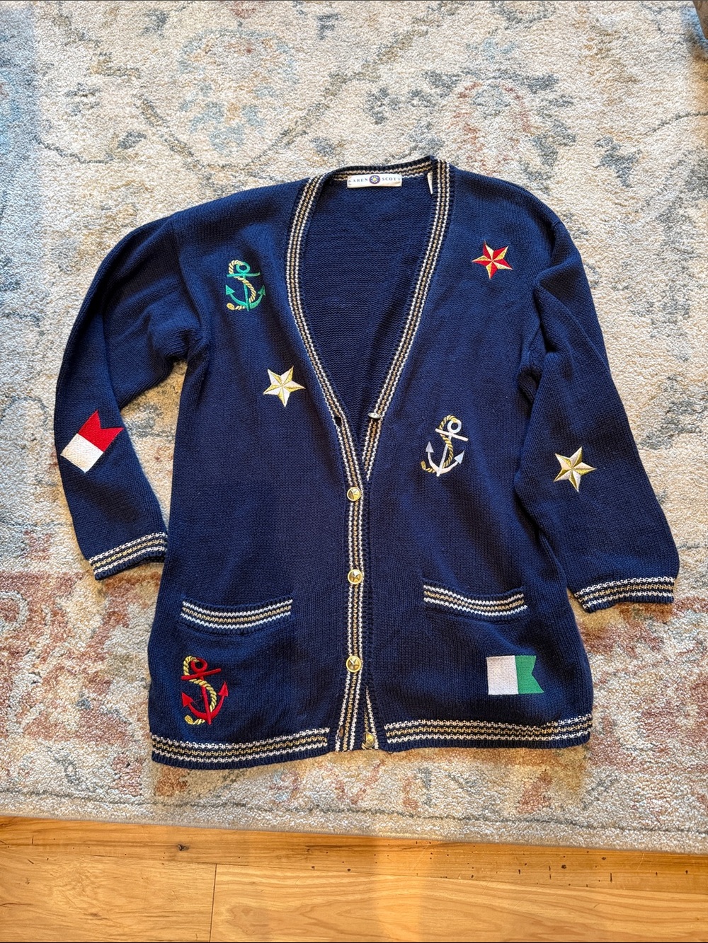 VINTAGE KAREN SCOTT RED NAUTICAL SWEATER CARDIGAN ANCHOR STAR